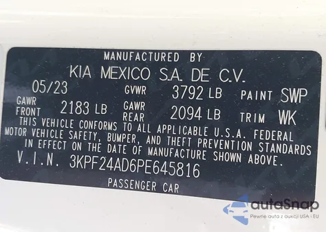 2023 Kia Forte Lxs из США, поврежденный, VIN 3KPF24AD6PE645816